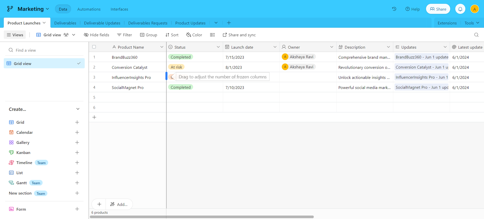 How to freeze a column in airtable