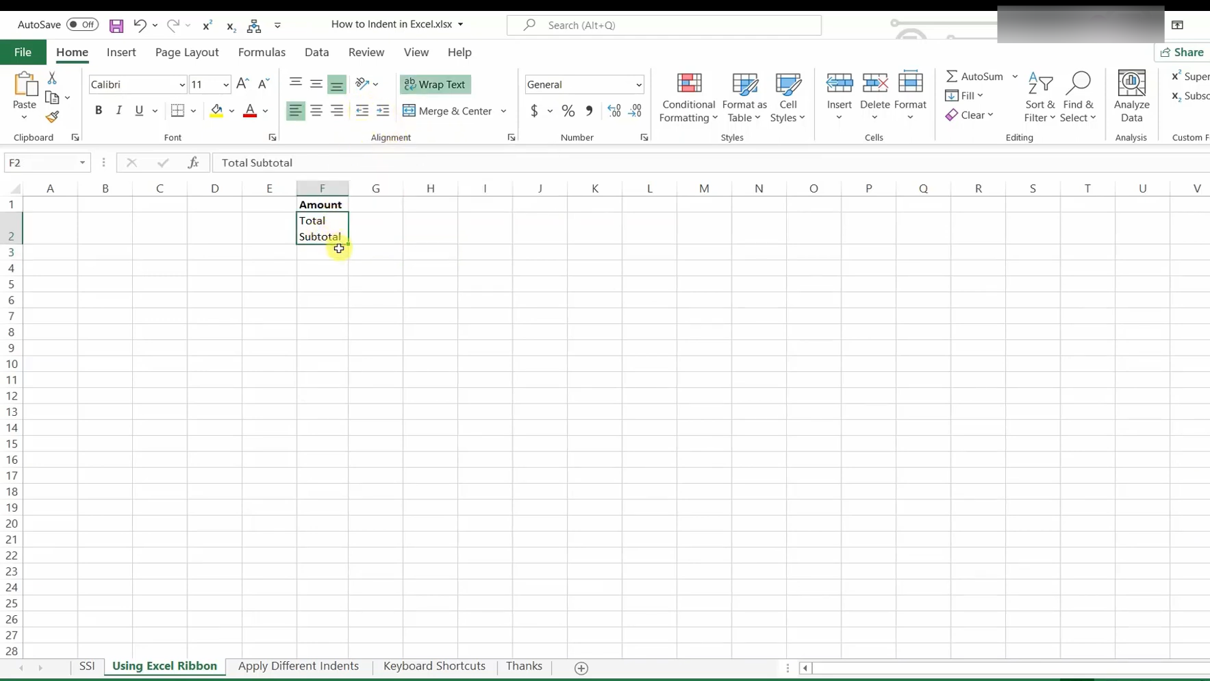 How to indent in microsoft excel