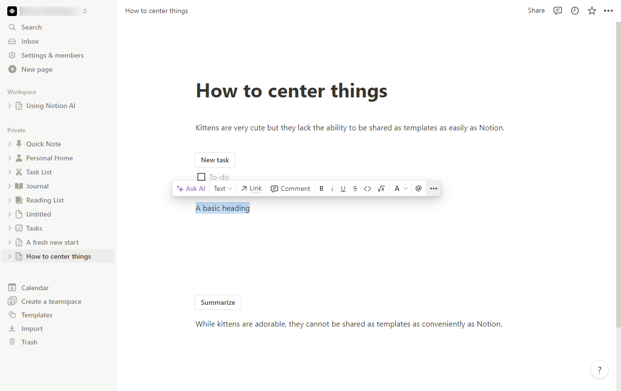 How to center text in notion