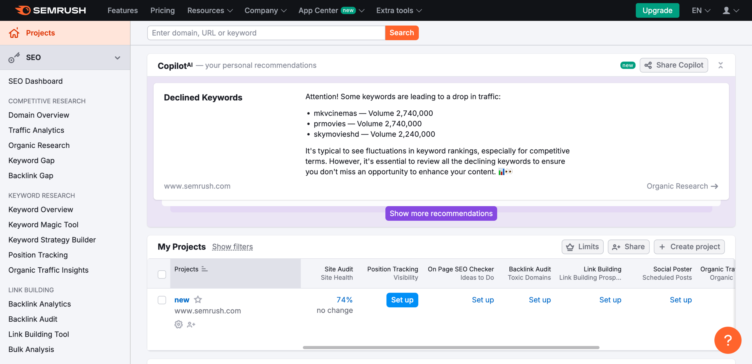 How to delete a project in semrush