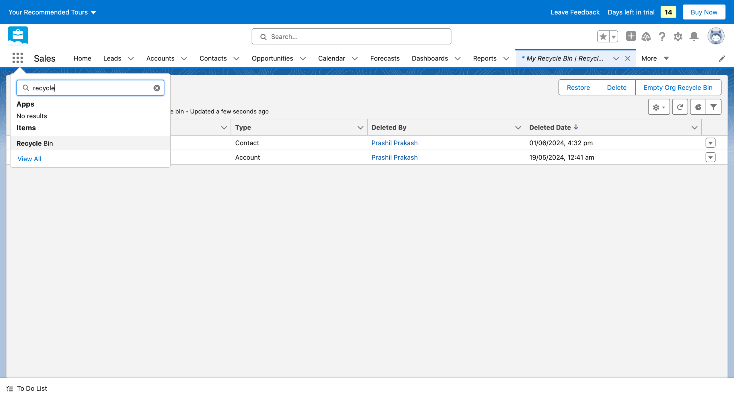 Salesforce - how to access recycle bin in salesforce