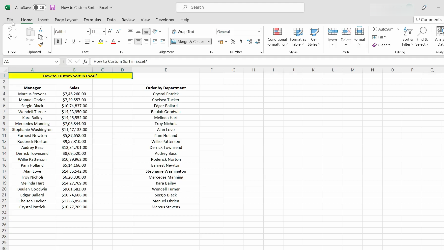 How to custom sort in ms excel